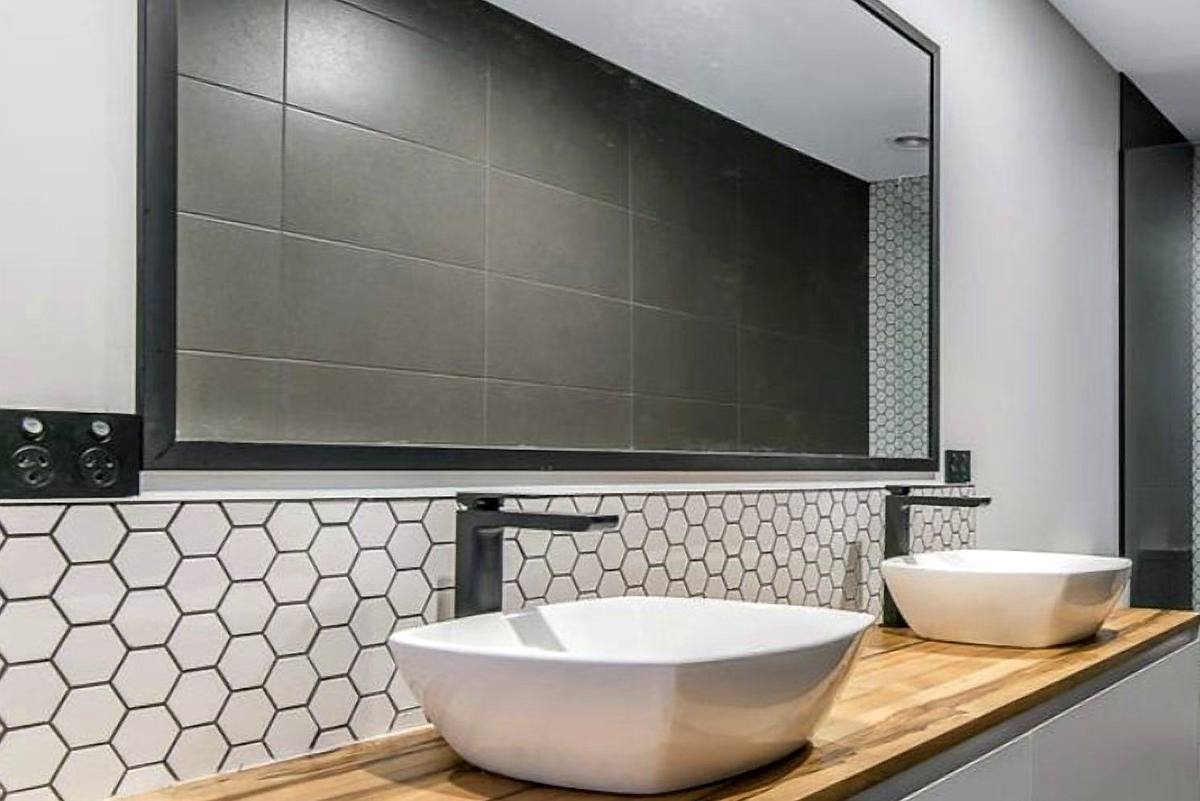 Fort Direction new residence, bathroom with timber vanity and hexagon tiles, built by LHPL Contracting