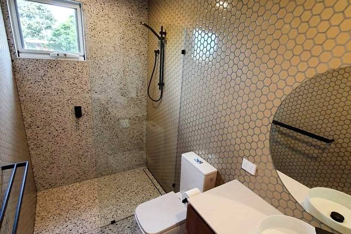 Moonah alterations and additions, bathroom with terrazzo and hexagon mosaic tiles, built by LHPL Contracting
