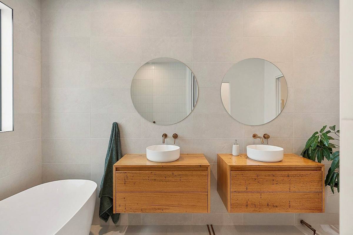 Pardalote new residence, bathroom with twin timber vanities and freestanding bath, built by LHPL Contracting