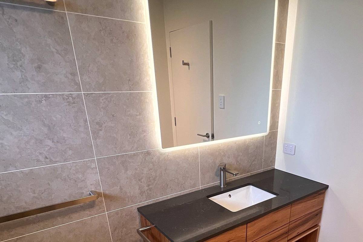 Richmond alterations and additions, timber vanity with backlit mirror, built by LHPL Contracting